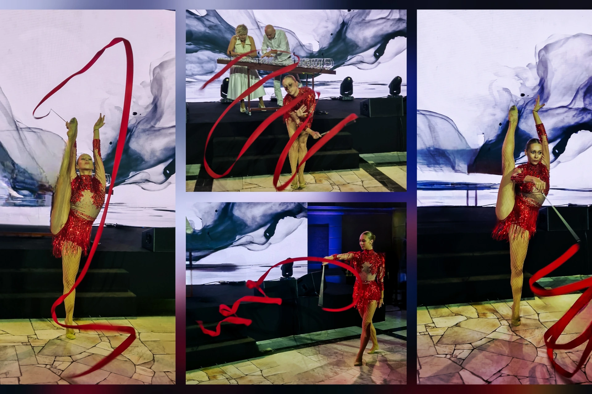 balet gimnastyka artystyczna Anna Milej dedykowana choreografia kreacja na event grupa taneczna X-Ray Dance Group współgranie artystów Glass Duo szklana harfa anielskie organy